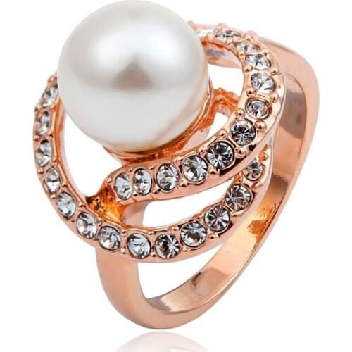 Bold Faux White Pearl Set Crystals Rose Gold Color Cocktail Ring For Women Party Finger Jewelry Bague Femme anel anillos aneis