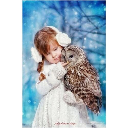 Counted Cross Stitch Kits Needlework - Crafts 14 ct Aida DMC Color DIY Arts Handmade Home Decor - Little Girl and Owl