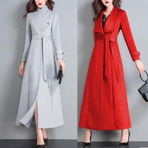 Autumn Winter Overcoat Classic Solid Color Belt Plus Size Wool Coat Women Slim Thick Long Outerwear Female Clothing