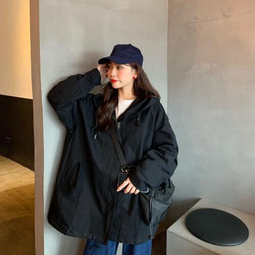 New Korean autumn winter ins Hong Kong style work coat female student loose hooded windbreaker college style top