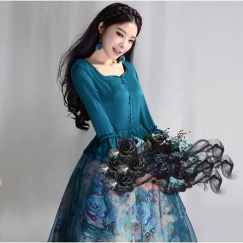 New fireworks spring and Autumn New Womens dress retro elegant fake two piece printing long swing dress green smoke