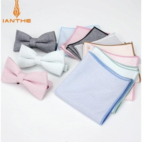 Brand New Mens 100% Cotton Suits Pure Solid Bow Tie Handkerchief Set Bowtie Pocket Square Necktie Set Wedding Party Butterfly
