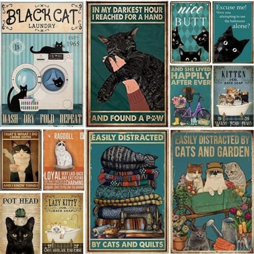 Funny Cat Vintage Metal Poster Cute Animal Wall Tin Painting Home Cafe Pet Shop Decoration Retro Art Metal Tin Signs Black Cat