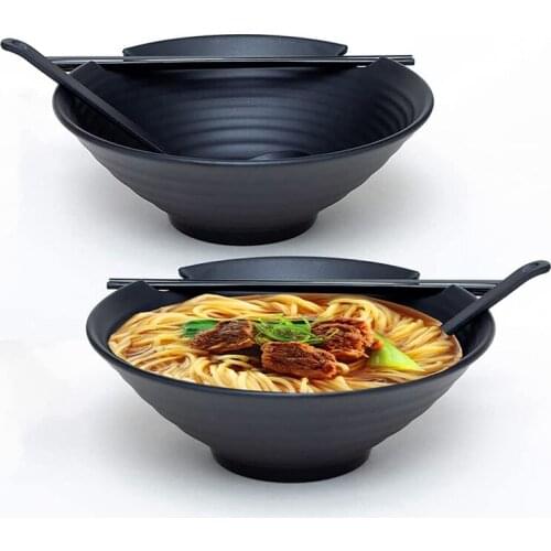Ramen Bowls, Set of 2 Black Bowl with 2 Chopsticks and Spoon Set, Japanese Noodles Bowl for Soup, Salad, Thai and Udon
