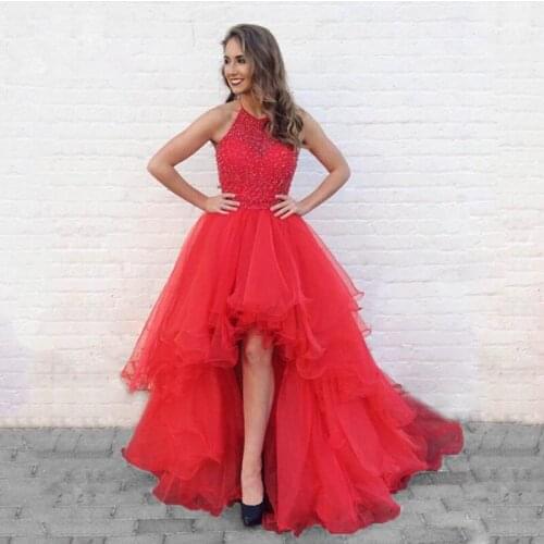 Pageant Prom Dresses 2019 High Quality Halter Neck Sleeveless Short Front Long Back Tiered Backless Ball Gown Formal Party Dress