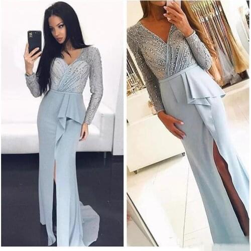 Luxury Blue V-neck Crystals Sheath Long Sleeve Evening Dresses Ruffle Satin Slit Sweep Train Formal Evening Gown robe de soiree