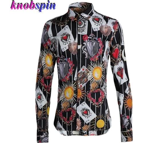 Fashion Printed Shirt men 2019 Turn-down collar Long sleeve Slim Casual Business male Dress shirts pure Cotton Camisas masculina