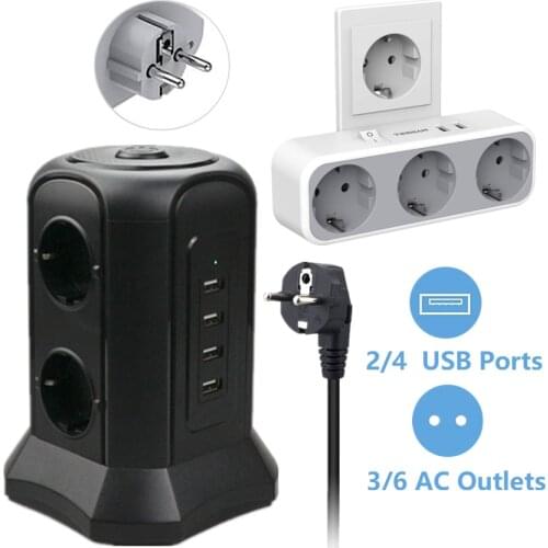 TESSAN Power Strip Tower European Plug with 6 AC Outlets and 4 USB Ports Socket Extender Multi Adapter for Phones Computers