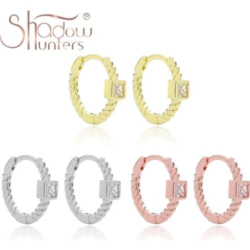 SHADOWHUNTERS Real 925 Sterling Silver Classic Huggie Hoop Earrings Twisted Hoops Mini Square Zircon Earrings For Woman Jewelry