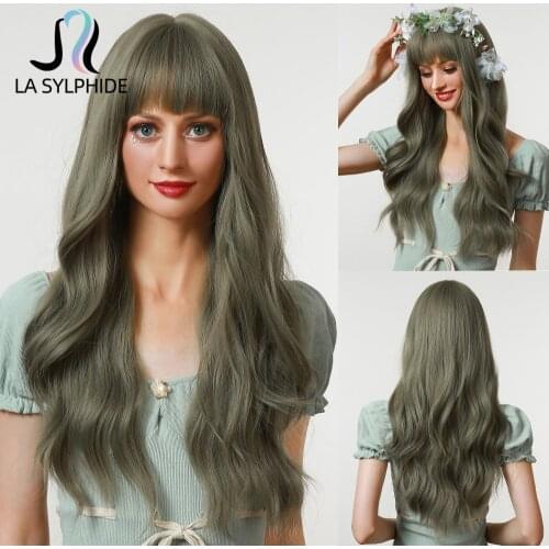 La Sylphide Synthetic Cosplay Wig Long Wave Green Gray Hair Wigs with Bangs for Woman Heat Resistant Fiber Wig Party