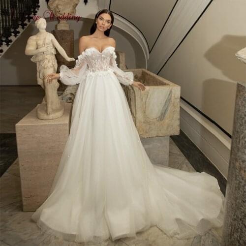 Boho Wedding Dress A-Line 3D Floral Appliques Puff Long Sleeves Bride Dress White Lace Top Bridal Gowns Free Shipping 2021