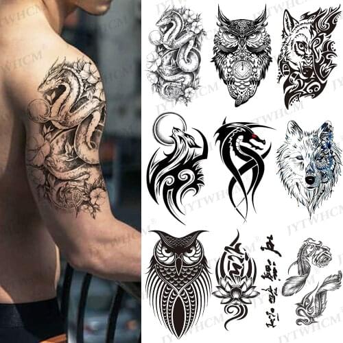 Scorpion Temporary Tattoo Sticker Red Dragon Black Wolf Totem Tattoo Sleeves Body Art Half Arm Owl Tiger Fake Tattoo For Men