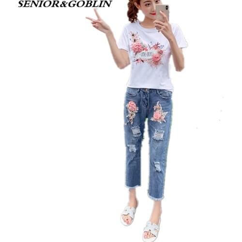 High Quality Summer New Style Short Sleeve Two Piece Set 3D Floral Cotton Letter T shirt Top+Ripped Jeans Denim Casual Suits