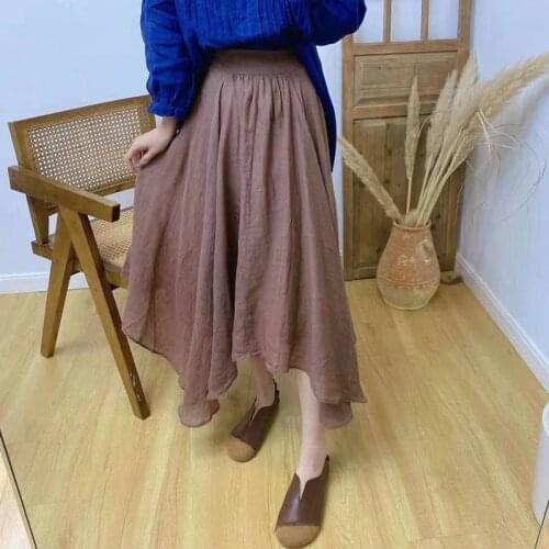 Johnature Linen Irregular Women Skirts 2021 Summer New Loose Elastic Waist 3 Colors All Match Vintage Skirts