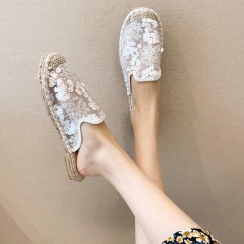 SUNNYS Women Slippers Summer Hemp Soled Woman Shoes Sequined Cloth Bling Retro Flats Causal slides Female Footwear Breathable