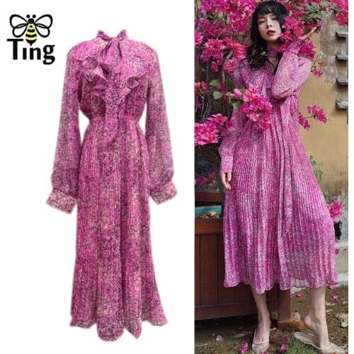 Tingfly Designer Vintage Elegant Bow Collar Ruffles Purple Floral Pleated Midi Dress Women Party Birthday Dresses Chiffon Elbise