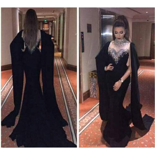 Dubai Kaftan Long Sleeves Mermaid Black Evening Dress 2019 Beaded Crystal High Neck Red robe de soiree Long Arabic Prom Dresses