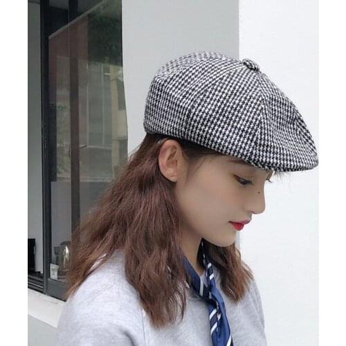 2021New Spring Autumn Octagonal Hat Women British Retro Plaid Korean Newsboy Thin Tide Painter Beret Cap Plaid Sunshade Sun Hats