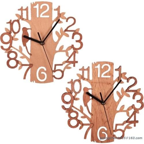 P8DE 23cm 3D Tree Shaped Bird Wall Clock Hanging Vintage Decorative Watch Round Wooden for Home Office Kitchen Bedroom Gift