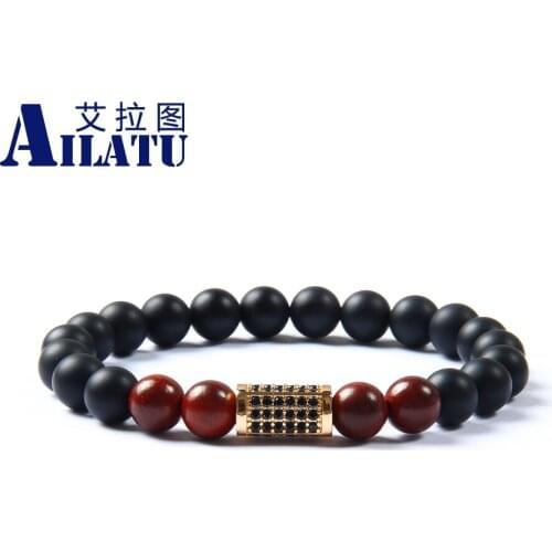 Ailatu Powerful Jewelry Wholesale 8mm Matte Onyx with Natural Sandalwood Beads Micro Pave Black Cz Rectangle Bracelet for Men