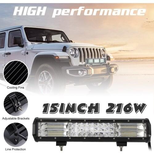 15 Inch 216W Car Work Light Triple Row Spot Flood Combo Beam LED Light Bar for Car Tractor Boat OffRoad Off 4WD 4x4 Truck ATV
