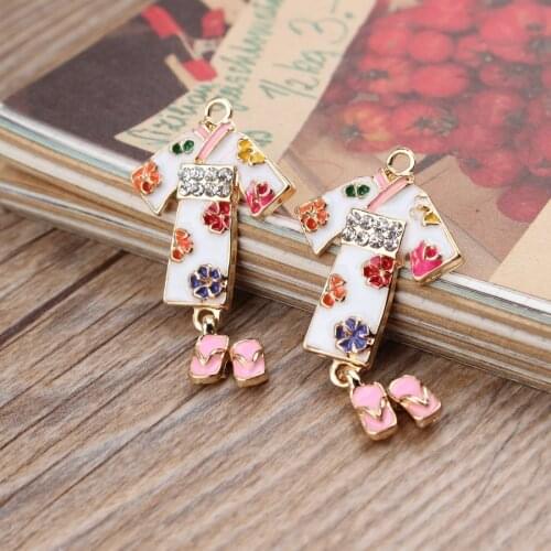 Free Shipping 20PCS 23*42mm Floral Enamel Japan Kimono Alloy Necklace Pendants Gold Tone DIY Oil Drop Bracelet Keyring Charms