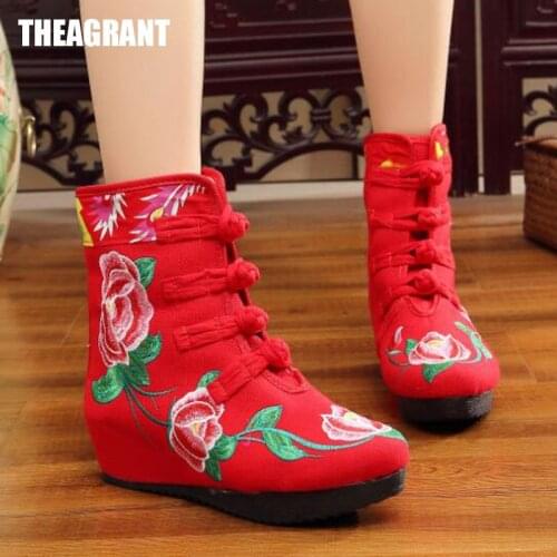 THEAGRANT 2021 Women Ankle Boots Peony Chinese Vintage Autumn Winter Canvas Wedge Shoes Women Plus Size 41 WBS3022