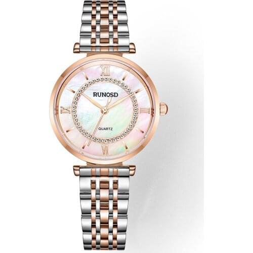 RUNOSD Ladies Watch Stylish ElegantRose Gold Colored Shell Zircon Dial Miyota Quartz Movement Stainless Steel Sapphire 5227L