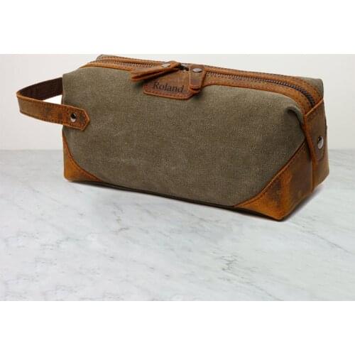 Personalized retro cosmetic bag leather canvas travel bag mens tool bag portable canvas cosmetic bag
