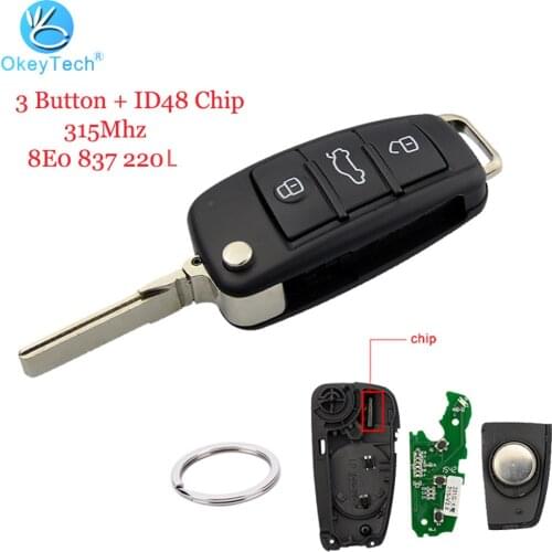 OkeyTech Remote Key for Audi A3 A4 A6 Q7 TT 3 Button Flip Folding HU66 Blade 315Mhz Glass ID48 Chip Send Keyring 8E0 837 220 L
