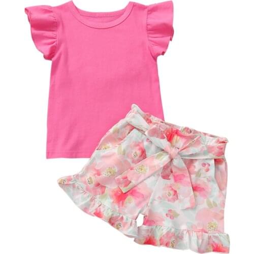 3-7Years Kids Baby Girls 2-piece Outfit Set Fly Sleeve Solid Color Tops+Floral Print Shorts Set