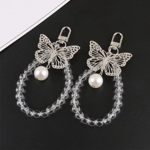 Creative Butterfly Bead Chain Key Ring Cute Imitation Pearl Keychains Women Couple Car Bag Pendant Keyring Accessories