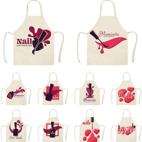 Linen Flower nail polish theme Print Kitchen Aprons Unisex Dinner Party Cooking Bib Funny Pinafore Cleaning Apron WQI836