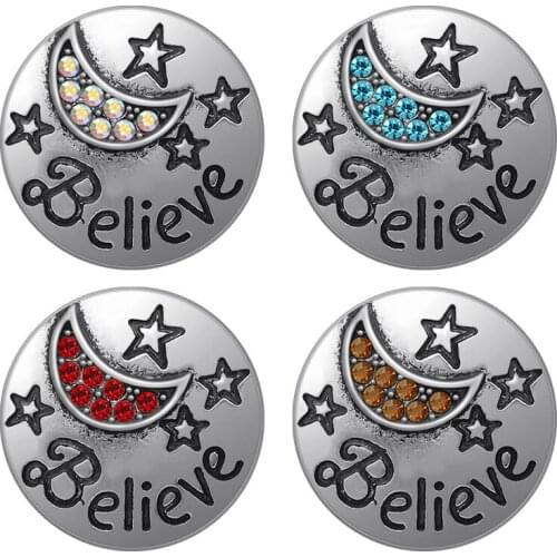 KZ3424 New Beauty Round Rhinestone Moon Stars "Believe" 18mm snap buttons fit 18mm snap necklace jewelry wholesale Gift