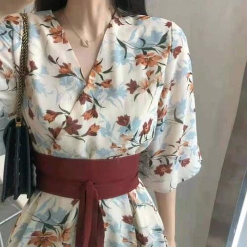 Summer Chiffon Dress 2021 New Half Sleeve V-Necl Floral Print Slimming Waist Bandage Casual Dresses Vestidos Mujer
