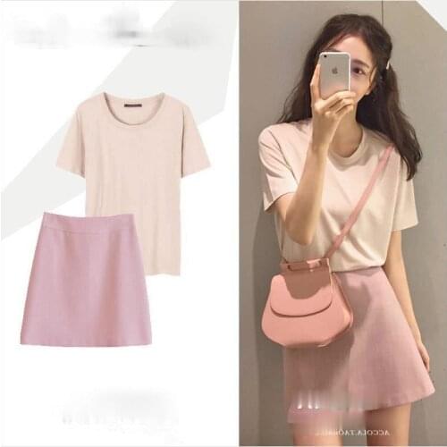 Summer Casual Fashion Suit Solid Color T-shirt + Pink Skirt Two-piece Female