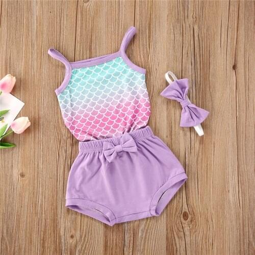 0-24M Fashion Summer Newborn Infant Baby Girl Scales Print Clothes Vest Tank Top Shorts With Bow Headband Outfit Set