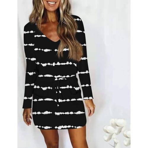 Striped Print Long Sleeve V Neck Natural Dress Women Spring And Autumn Party Loose Lace Up Casual Sexy Beach Mini Dress Платье 4