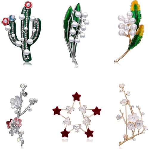 Rinhoo Rhinestone Flower Brooches For Women Lovely Badge Plant Potted Collar Cactus Enamel Brooch Leaves Flower Star Brooch Pins