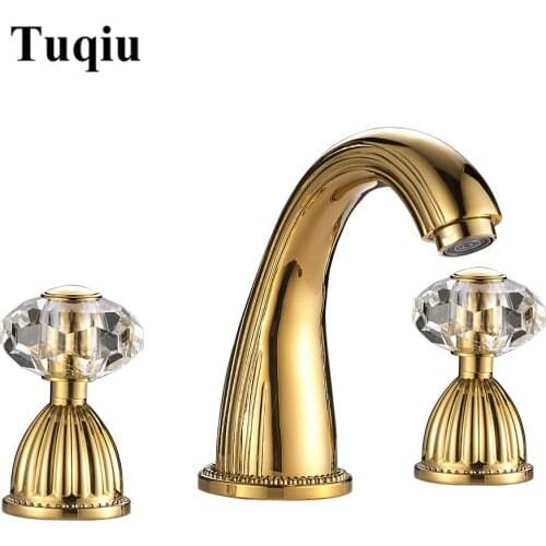 Luxury brass gold finished bathroom 8' widespread sink faucet,three hole basin tap mixer crystal handle lavatory mixer