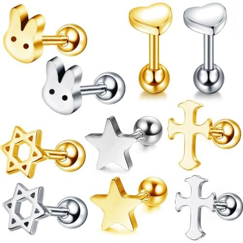 1Pc Cartilage Heart-Shaped Piercing Studs Earrings Stainless Steel Hollow Star Ear Bone Nails Helix Sexy Piercing Jewelry