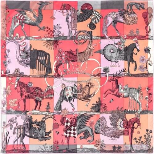 POBING Manual Hand Rolled Twill Silk Scarf Women Ancient Beast Square Scarves Echarpes Foulards Femme Wrap Bandana Hijab 90CM