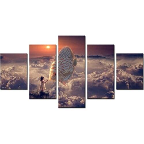 Modern Painting Frame Art Poster Wall Picture 5 Panel Fish Clouds Landscape Home Decoration Print On Canvas For Living Room