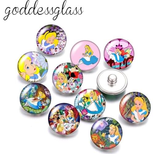 Disney Alice Cheshire cat white rabbit 10pcs Round photo glass 18mm snap buttons for 18mm snap bracelets jewelry wholesale