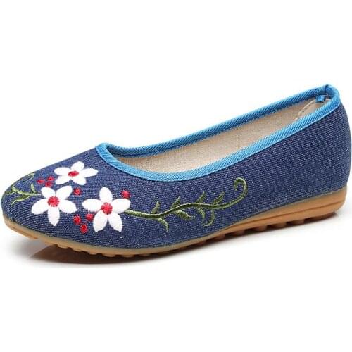 YourSeason Flower Embroidered Ladies Denim Fabric Shoes Slip-On No-Skid Women Vintage Ballerinas Comfort Walking Ballet Flats
