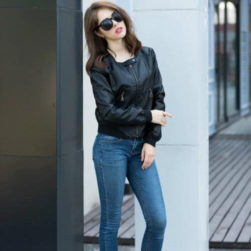 Faux Leather Jacket Women O-neck Zipper Casual Jackets Female Short Biker Coat S-5XL Basic Outwear