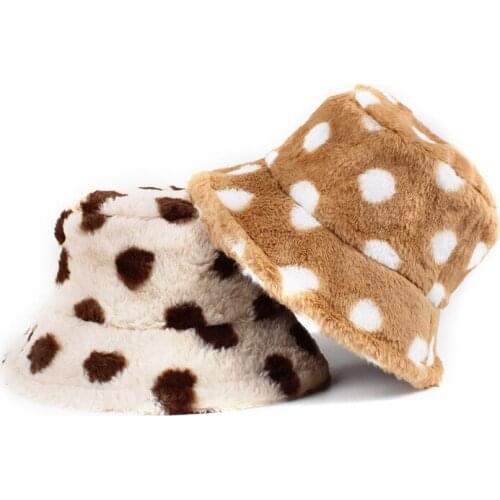 2021 Winter Outdoor Vacation Lady Panama Polka Dot Thickened Soft Warm Fishing Cap Faux Fur Rabbit Bucket Hat Women Hairy Cap