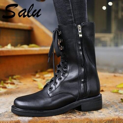 Salu 100% Cow Leather Women Shoes Ankle Boots Woman Low Square Heels Ladies Dress Shoes Women Boots Large Size 42