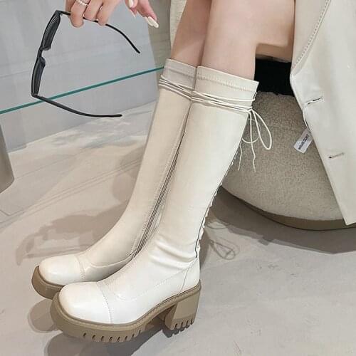 Ladies Spring Autumn Leather Knee High Boots Microfiber Fashion Cross Tied Zipper Motorcycle Boots Winter Platform Women‘s Shoes