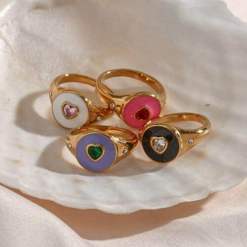 Elegant Sweet Ladies Enamel Stone Rings For Ladies White Black Purple Pink Lovely Color CZ Stone Paved Heart Ring For Women